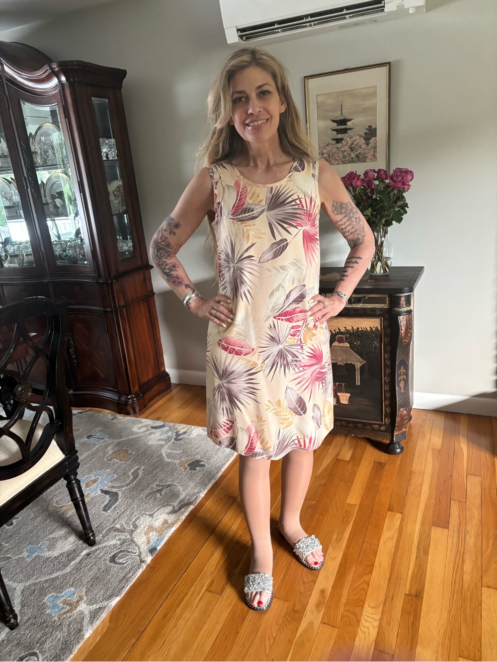 Tommy Bahama Sleeveless Tropical Leaf Print Shift Dress - Pink & Beige
